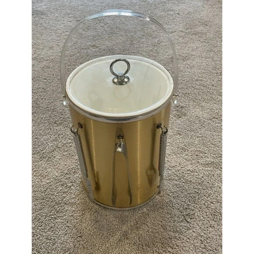 Ice Bucket Brushed Gold Silver Clear Lucite Handle‎ & Lid 3 Tools Box Vintage